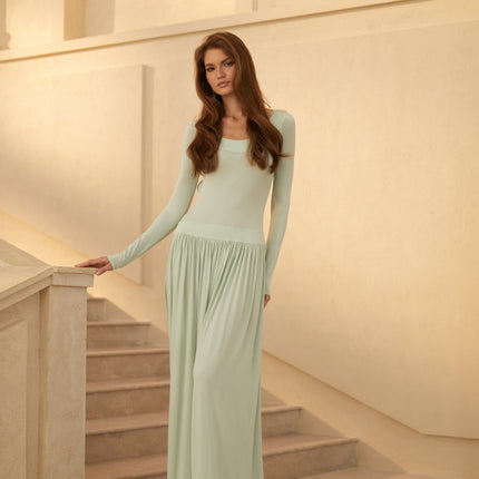 Campagne Green OpenBack Shirred Maxi Dress