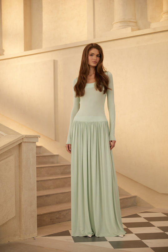 Campagne Green OpenBack Shirred Maxi Dress