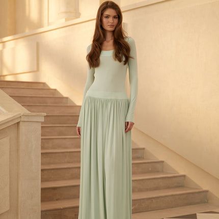Campagne Green OpenBack Shirred Maxi Dress