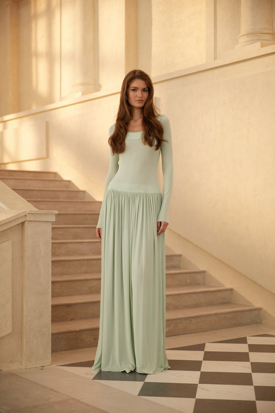 Campagne Green OpenBack Shirred Maxi Dress
