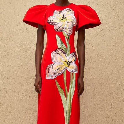 Camryn Red Sequined Floral Embroidered Midi Dress