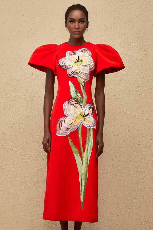 Camryn Red Sequined Floral Embroidered Midi Dress