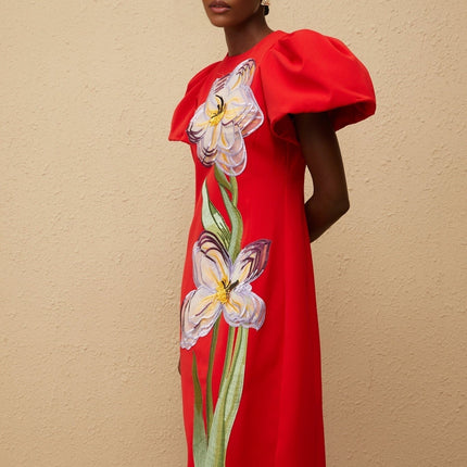 Camryn Red Sequined Floral Embroidered Midi Dress in stunning red and multicolor hues, featuring floral embroidery, sequin embellishments, round neck, short puff sleeves, cinched waist, rear slit, and rear zip fastening