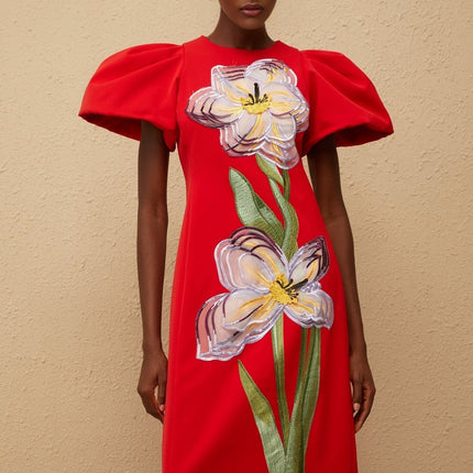 Camryn Red Sequined Floral Embroidered Midi Dress