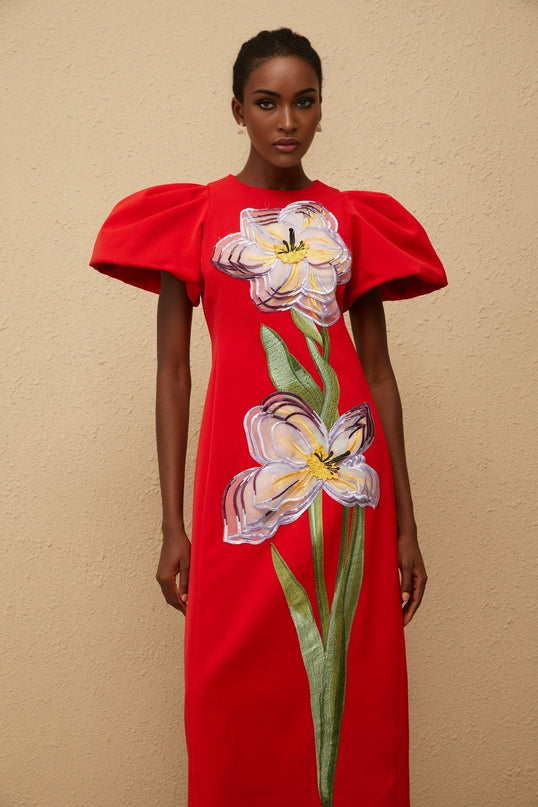 Camryn Red Sequined Floral Embroidered Midi Dress