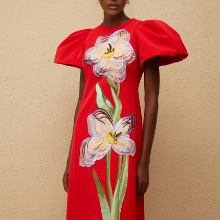 Camryn Red Sequined Floral Embroidered Midi Dress