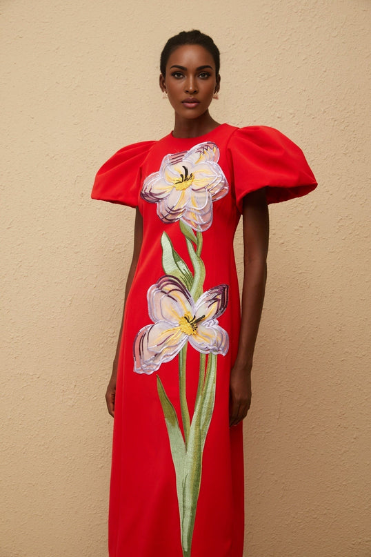 Camryn Red Sequined Floral Embroidered Midi Dress