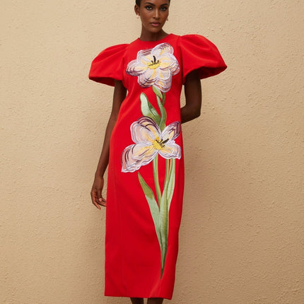 Camryn Red Sequined Floral Embroidered Midi Dress