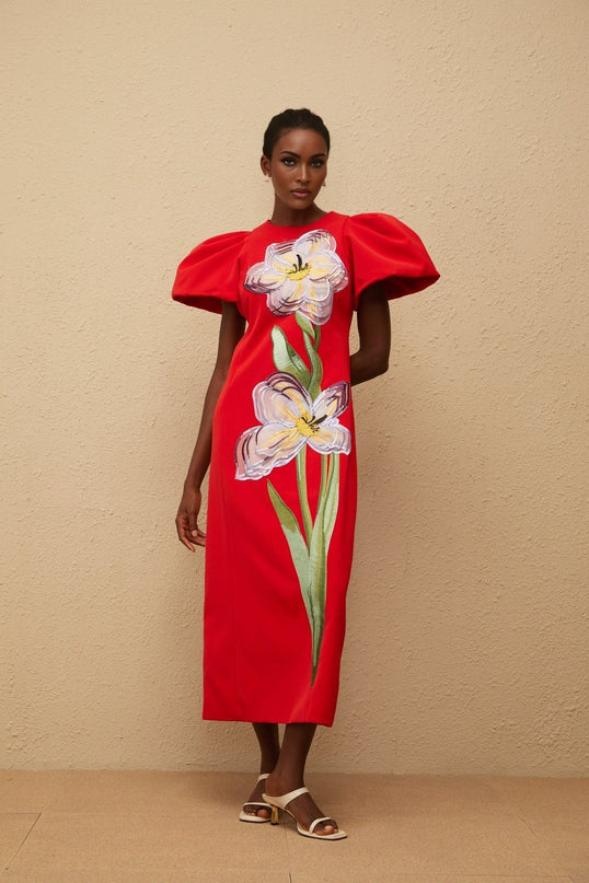 Camryn Red Sequined Floral Embroidered Midi Dress