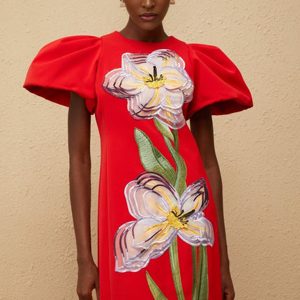 Camryn Red Sequined Floral Embroidered Midi Dress