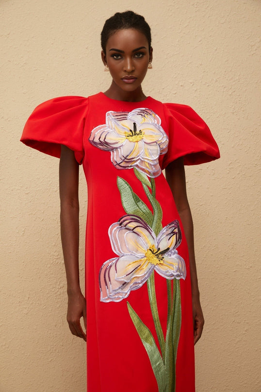 Camryn Red Sequined Floral Embroidered Midi Dress