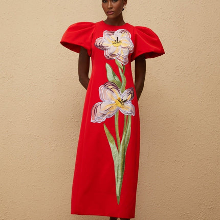 Camryn Red Sequined Floral Embroidered Midi Dress in Stunning Red and Multicolor Hues