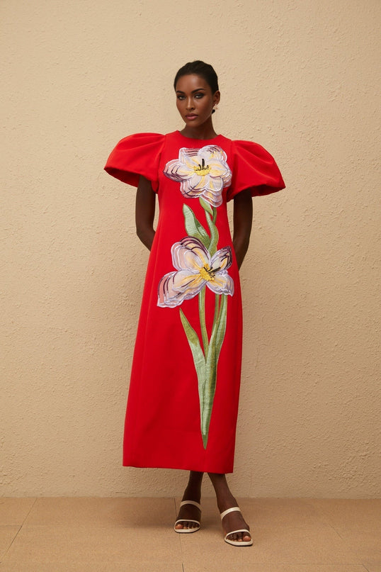 Camryn Red Sequined Floral Embroidered Midi Dress in Stunning Red and Multicolor Hues