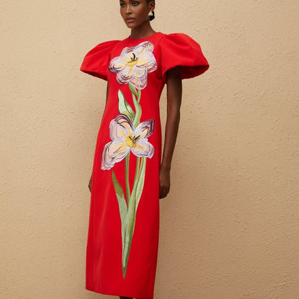 Camryn Red Sequined Floral Embroidered Midi Dress