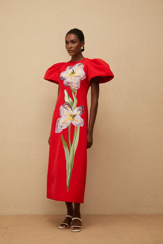 Camryn Red Sequined Floral Embroidered Midi Dress