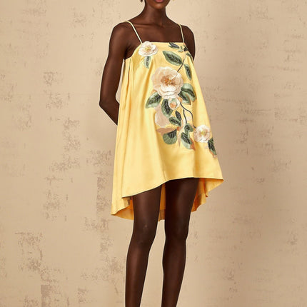 Camryn Yellow Floral Embroidered Satin Mini Dress