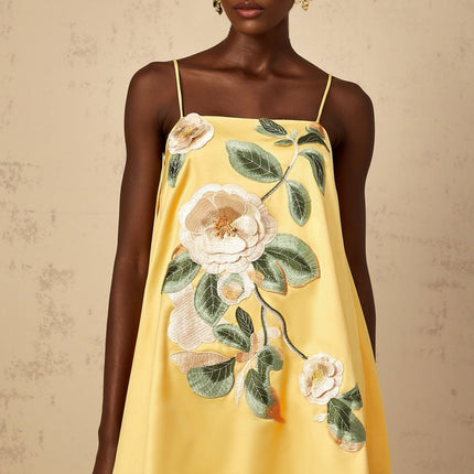 Camryn Yellow Floral Embroidered Satin Mini Dress