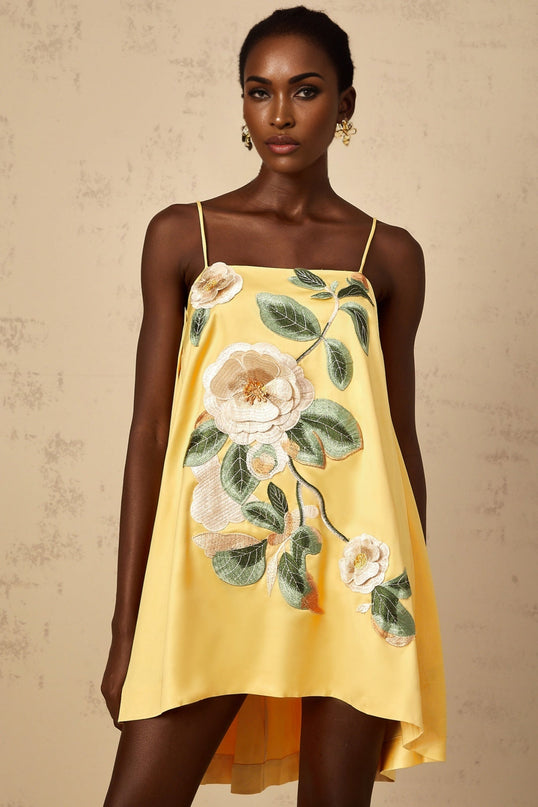 Camryn Yellow Floral Embroidered Satin Mini Dress