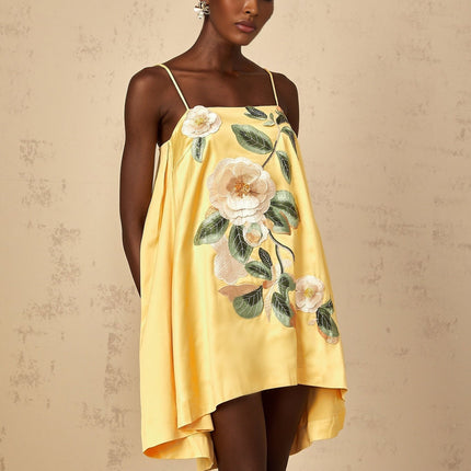 Camryn Yellow Floral Embroidered Satin Mini Dress