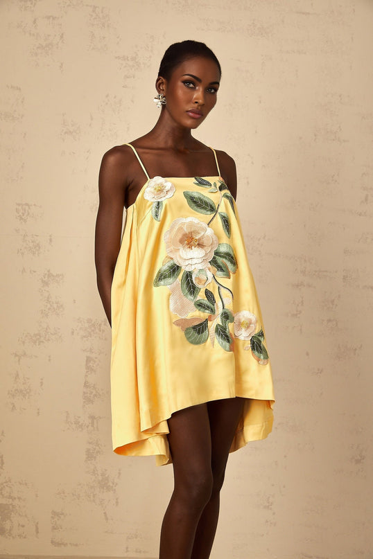 Camryn Yellow Floral Embroidered Satin Mini Dress