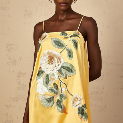 Camryn Yellow Mini Dress Satin Square Neck Sleeveless Spaghetti Straps Floral Embroidery Asymmetrical Hem 100% Terylene Fiber Composition