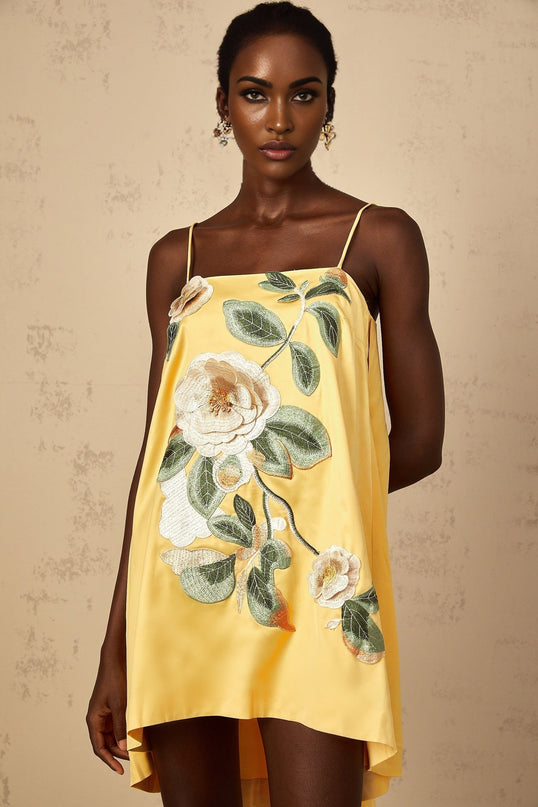 Camryn Yellow Mini Dress Satin Square Neck Sleeveless Spaghetti Straps Floral Embroidery Asymmetrical Hem 100% Terylene Fiber Composition