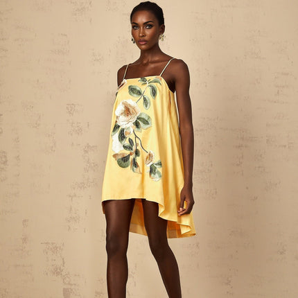 Camryn Yellow Satin Floral Embroidered Mini Dress
