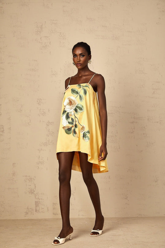 Camryn Yellow Satin Floral Embroidered Mini Dress