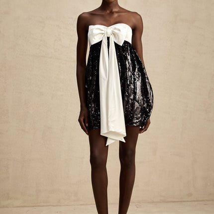 Candice Black and White Sequin Mini Dress with Oversized Bow Detail