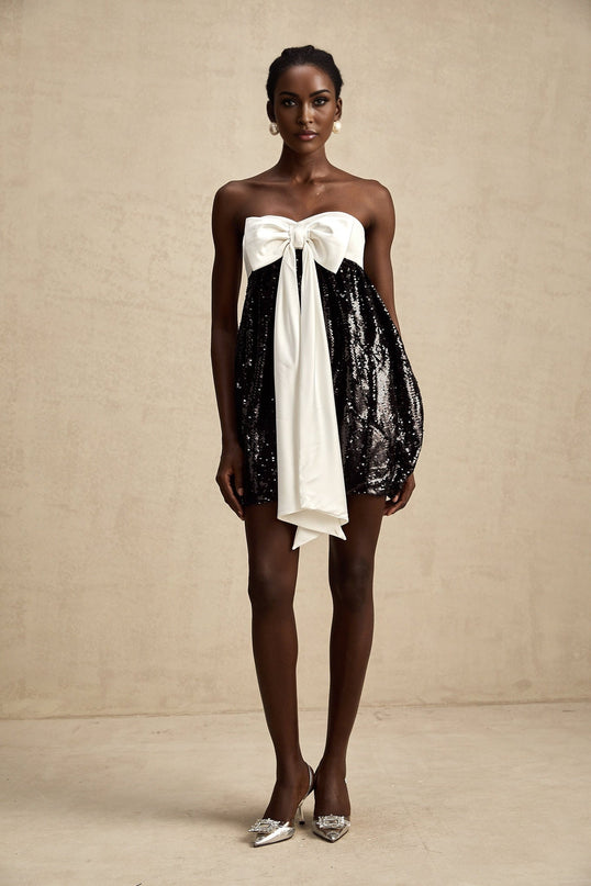 Candice Black and White Sequin Mini Dress with Oversized Bow Detail