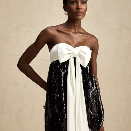 Candice Black and White Sequin Mini Dress with Oversized Bow Detail