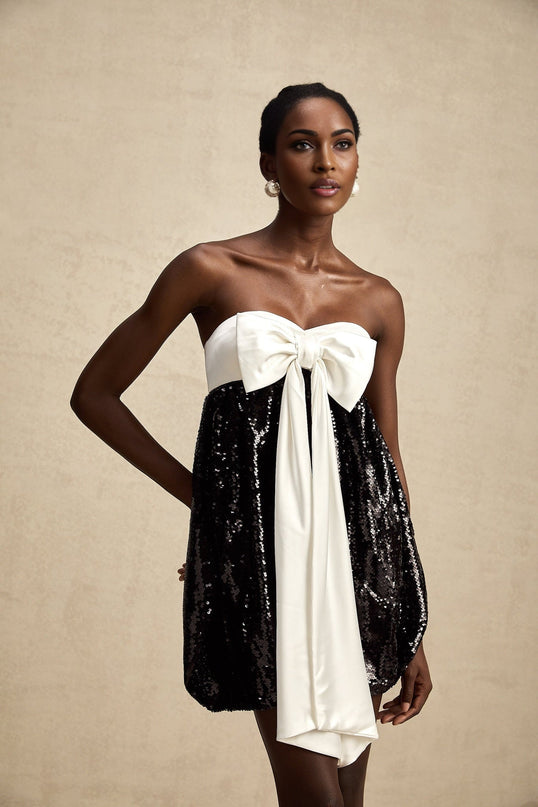 Candice Black and White Sequin Mini Dress with Oversized Bow Detail