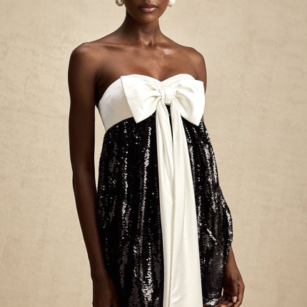 Candice Black and White Sequin Mini Dress with Oversized Bow Detail