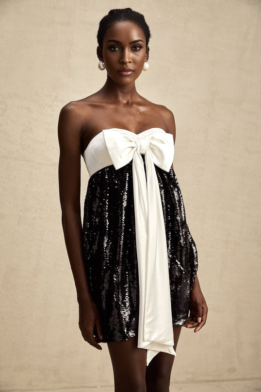 Candice Black and White Sequin Mini Dress with Oversized Bow Detail