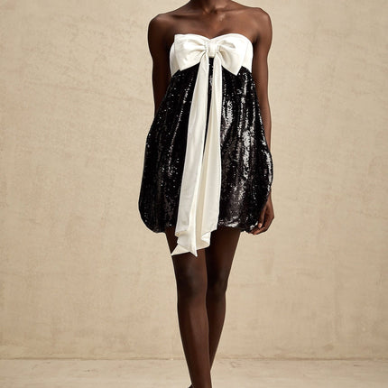 Candice Black and White Sequin Mini Dress with Oversized Bow Detail