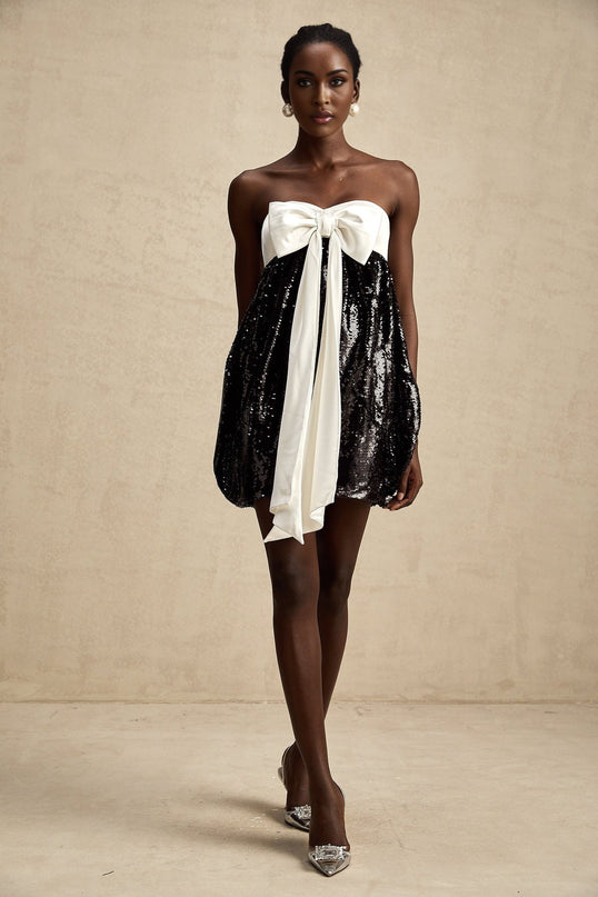 Candice Black and White Sequin Mini Dress with Oversized Bow Detail