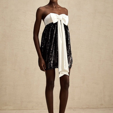 Candice Black and White Sequin Mini Dress with Oversized Bow Detail