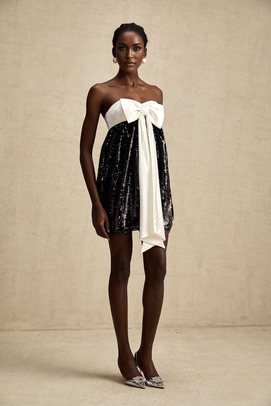 Candice Black and White Sequin Mini Dress with Oversized Bow Detail