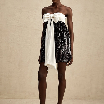 Candice Black and White Sequin Mini Dress with Oversized Bow Detail