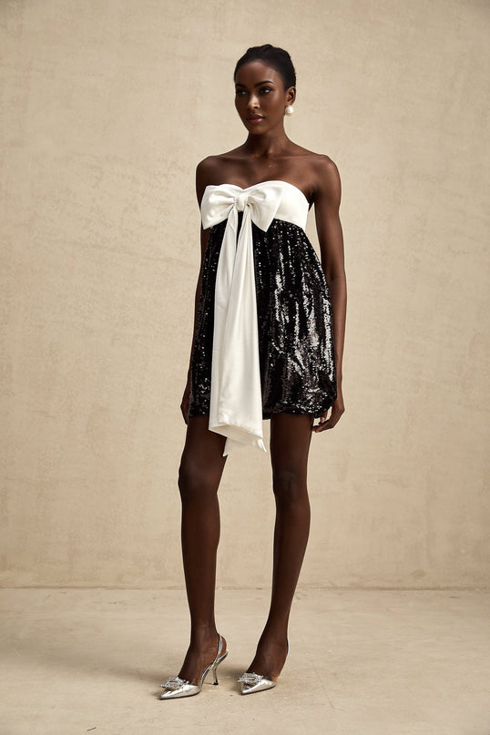 Candice Black and White Sequin Mini Dress with Oversized Bow Detail