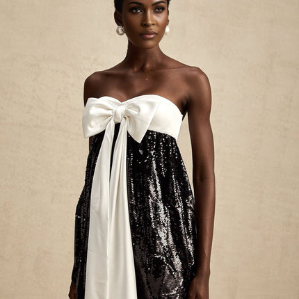 Candice Black and White Sequin Mini Dress with Oversized Bow Detail