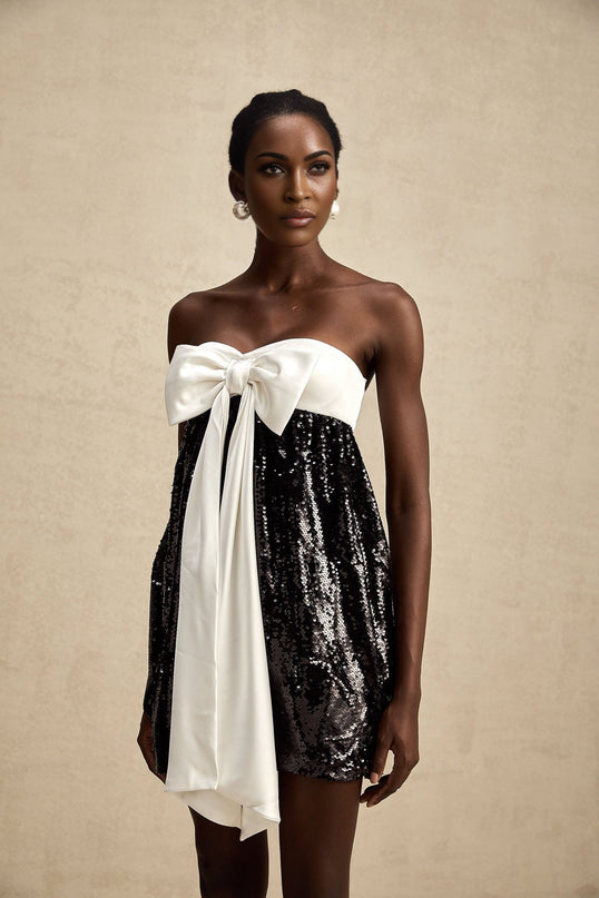 Candice Black and White Sequin Mini Dress with Oversized Bow Detail
