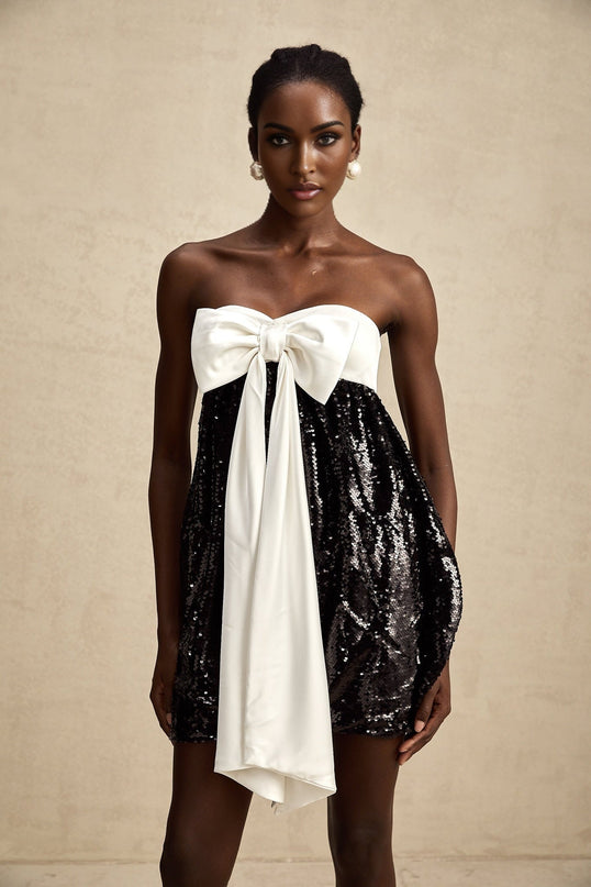 Candice Black and White Sequin Mini Dress with Oversized Bow Detail