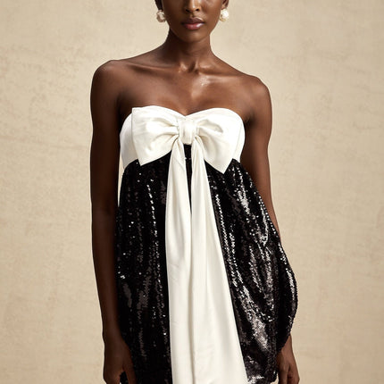 Candice Black White Sequin Mini Dress with Oversized Bow Detail