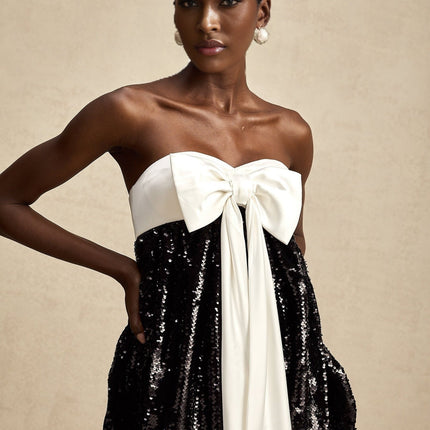 Candice Black and White Sequin Mini Dress with Oversized Bow Detail