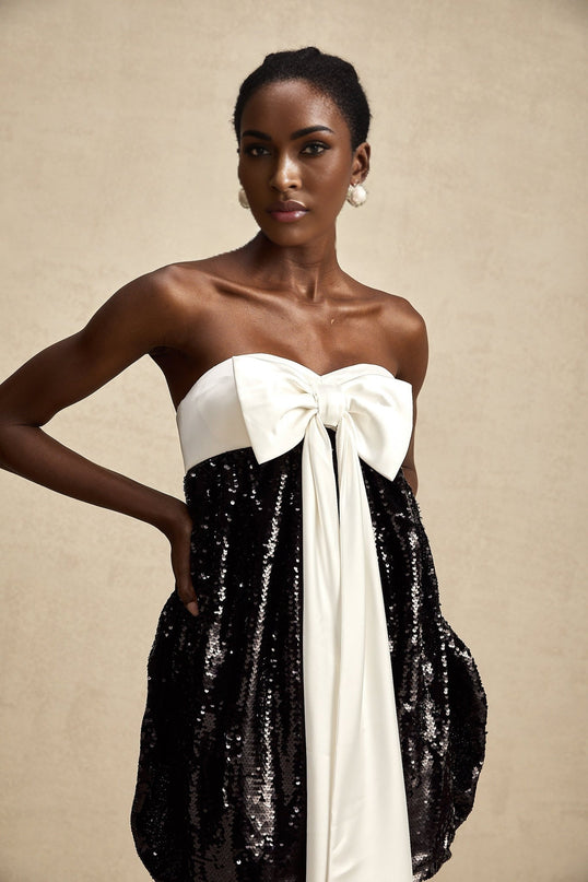 Candice Black and White Sequin Mini Dress with Oversized Bow Detail