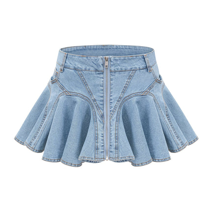 Capucine Blue Denim Pleated Mini Skirt with Ruffle Hemline and Front Zipper Closure