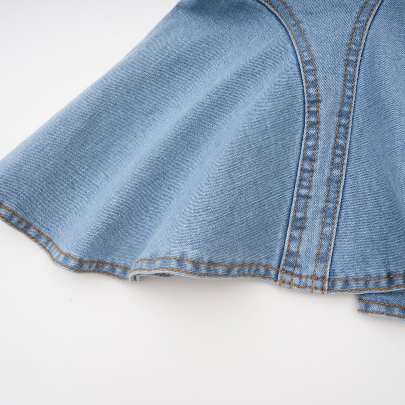 Capucine Blue Denim Pleated Mini Skirt with Ruffle Hemline and Front Zipper Closure