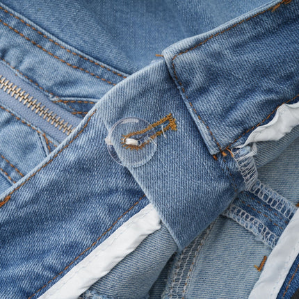 Capucine Blue Denim Pleated Mini Skirt with Ruffle Hemline and Front Zipper Closure