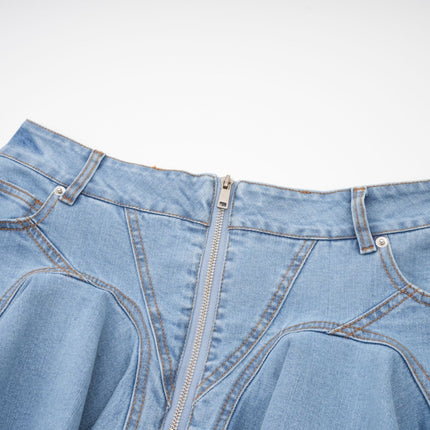 Capucine Blue Denim Pleated Mini Skirt with Ruffle Detailing and Front Zipper Closure